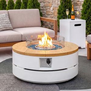 UPHA 38-inch Outdoor Patio Propane Gas Fire Pit Table 50000 BTU Concrete Round Firepit with ABS Tank Hidden Table, Wind Guard, Blue Glass Rocks, Rain Cover, Pure White Natural Wood Finish
