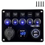 5 Gang Marine Boat Rocker Switch Panel, Waterproof Boat Toggle Switches Panel with 4.2A Dual USB Charger Socket + LED Voltmeter + 12V Power Outlet for RV Car Boat Truck Camper Vehicles GPS