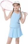 LIONJIE Girls Tennis Golf Dress Outfits Sleeveless Tank Top and Pleated Skirt Activewear Sets with Built in Shorts, Blue, 7-8 Years