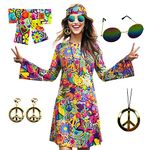 MRYUWB 70s Hippie Dress Costumes Necklace Earrings Sunglass Women Disco Outfit, 60s Party Costume, Halloween Retro Dresses