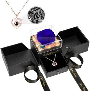 Preserved Mothers Day Rose for Mom,Birthday Gifts for Women,Preserved Blue Rose Flower with Necklace and Light,Mom Gift from Daughter,Real Flower for Her,Wife,Grandma,Anniversary,Valentines