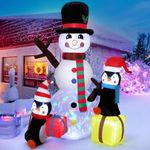 7FT Tall Christmas Inflatables Outdoor Decorations Snowman with Penguins, Blow Up Snowman Penguins Inflatable Build-in Rotating Colorful LEDs for Christmas Indoor Outdoor Yard Garden Decorations