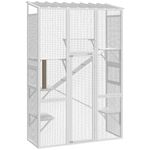 PawHut Catio Outdoor Cat Enclosure, Large Wooden Cat House with 6 Platforms, Scratching Post, 2 Ramps, Waterproof Roof, Walk-in Kitty Cage for 2–3 Kittens, White
