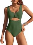 AI'MAGE Womens One Piece Swimsuits Tummy Control Bathing Suit 2024 Cutout High Waisted V Neck Monokini Swimwear Army Green XL