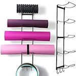 5-Tiers Yoga Mat Holder Wall Mount, Metal Storage Rack for Yoga Mat/Wheels, Foam Roller and Block, Wall Yoga Mat Rack with 3-Hooks for Hanging Stretching Strap, Resistance Bands, Yoga Accessories