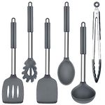 Herogo Kitchen Utensils Set, 6-Piece Silicone Cooking Utensil Set, Heat Resistant Stainless Steel Handle Cooking Tools, Non-Stick Silicone Spatula Turner Spoon Set, Easy to Clean – Grey