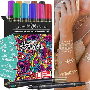 Jim&Gloria Body Art Tattoo Pen Dual Tip 10 Colors with GOLD & SILVER Skin Paint Markers for Kids Adults, Face Painting Kit Gifts for Teenage Girl, Teen Girls Trendy Stuff 8 9 10 11 12 13 14+ Years Old