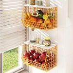 Mefirt Gold Fruit Basket, Kitchen Organizers and Storage, 2 Tier Stackable Countertop Organizer Storage Basket with Wood Lid, Hanging Kitchen Basket for Fruit and Veggie Storage, Bread Storage