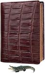 HATA Dark Brown Mens Vertical Bifold Wallet Large Capacity Alligator Leather Credit Card Holder with 13 Card Slots Expandable Crocodile Flip Out ID Window RFID Blocking Premium DUN36