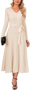 Arach&Cloz 2024 Womens Fall Wool Blended Sweater Dress Long Sleeve V Neck Tie Waist Pleated A Line Knit Midi Dresses Winter Trendy(Apricot,M)