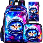 3PCS Girls Cat Backpack, 16" Kids Bookbag with Lunch Box, Water Resistant School Bag for Elementary Prechool Toddler