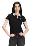 U.S. POLO ASSN. Women's Striped Collar Pique Polo Shirt (UWAW23TSH027_Black_L)