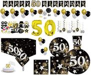 Serves 30 | Ultimate 50th Party Pack | Happy 50th Birthday | 9" Dinner Paper Plates | 7" Dessert Paper Plates | 12 oz Cups | 3 Ply Lunch & Beverage Napkins | Swirls | Cake Topper | Numerical Candle