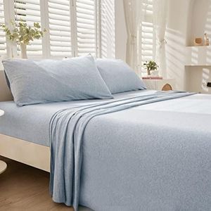 LIFETOWN 100% Jersey Knit Cotton Bed Sheet Ultra Soft T-Shirt Feel Bedding Sheet 1 Piece Flat Sheet Breathable Wrinkle-Free (Blue Grey, Queen)