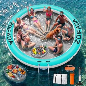 Inflatable Water Hammock Round Floating Ring, 12FT Heavy Duty Pool Float for Adults, Inflatable Tanning Pool Float Island Dock for Lake/River/Ocean, w/Cup Holder & 4-Step Soft Ladder