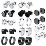 12 Pairs Mens Earrings Stainless Steel Earrings for Black Hoop Earrings Silver Flat Back Earrings Hypoallergenic Earrings Set,Cubic Zirconia Studs Double Side Earrings Piercing Sleeper Studs Jewelry