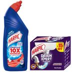 Harpic Powerplus Toilet Cleaner Original, 1 L + Harpic Drain Xpert Drain Cleaning Powder (50g x 8)