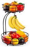 Auledio Iron 2-Tier Countertop Fruit Vegetables Basket Bowl Storage with Banana Hanger, Black, 64 Ounces