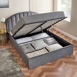 Home Treats Grey King Size Bed Frame Curved | Winged Headboard Ottoman Storage Bed With Pocket Sprung Mattress | Upholstered Bed 5ft 150 x 200 cm (King Size, Sprung Mattress)