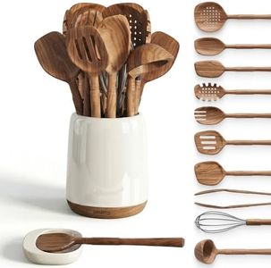 Wooden Spoons for Cooking - 12-Piece Premium Acacia Wood Utensil Set with Elegant Ceramic Holder & Spoon Rest, Non-Scratch Cooking Utensils Set for Nonstick Cookware, Luxury Kitchen Gift Set [Acacia]
