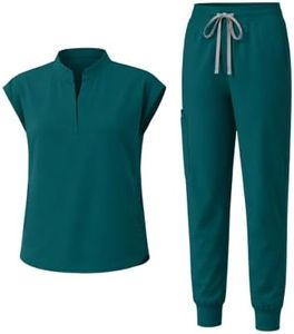 Eadflie Scrubs for Women Set - with Sleeveless Stand-Up Collar Scrub Top & Jogger Scrub Pants, Cool Stretch, Comfortable & Breathable Nurse Uniform, 8-Pocket Design - [Green/M]