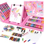 tech LIVING Drawing Painting Sets for Girls, Double Sided Trifold Easel Included, Unicorn Art Supplies Sets with Oil Pastels, Crayons, Colored Pencils, Watercolor Pens, Gifts for Girls (Pink, 208pcs)