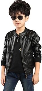 Boy's Trendy Stand Collar PU Leather Moto Jacket Leather Coat, Black, 140(8/9 yr)