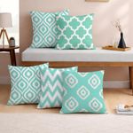 STITCHNEST Set of 5 Polycotton Cushion Covers – 16x16 Inches – Teal & White Ikat Geometric Print – Elegant Cushion Covers for Sofa & Living Room | Perfect for Home Decor