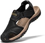 BINSHUN Sandals for Men Leather Hiking Sandals Athletic Walking Sports Fisherman Beach Shoes Closed Toe Water Sandals, Black, 11