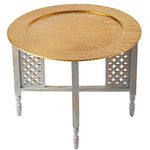 Hania Moroccan Round Coffee Table Diameter 60 cm Round Oriental Living Room Table with Folding Vintage Frame Made of Wood in Grey The Tray This Folding Table is Made of Aluminium in Gold