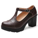 DADAWEN Women's T-Strap Platform Court Shoes Mid Heel Mary Jane Oxfords Dress Shoes Brown 6 UK