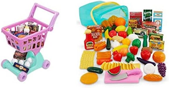 Play Circle by Battat - Shopping Day Grocery Cart (30-Piece) + Pantry in a Bucket Pretend Play Food Set (79-Piece)
