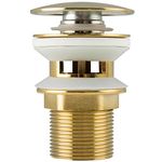 Basin Sink Waste Slotted Pop Up Click Clack Sprung Plug with Overflow for Bathroom Sink Tap Frap, Brushed Gold