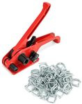 QWORK Heavy Duty Strapping Tensioner Set, 1 Pc Manual Cord Strapping Tensioner + 50 Pcs 3/4" Metal Wire Buckle, Cutter Banding Tensioner Tool for 1/2" - 3/4" Width Polyester Polyproplyn Strap