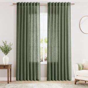 Olive Green Linen Curtains 84 Inches Long for Bedroom Back Tab Light Filtering Privacy Semi Sheer Curtains Modern Farmhouse Decor Olive Green Cotton Textured Curtain for Living Room 2 Panels 52x84