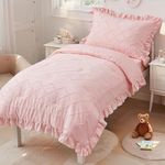 4 Piece Boho Tufted Toddler Bedding Set for Girls Pink Ruffle Crib Bed Sheets Set Soft Jacquard Embroidery Toddler Comforter Set Bed in a Bag | Include Comforter, Flat Sheet, Fitted Sheet, Pillowcase