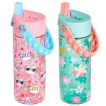 Elemental Leak Proof Water Bottles for Kids - Splash Kids Water Bottle for School with Fun Fidget Pop-it Handle - Tritan Plastic Water Bottle with Straw - Stylish Cat & Spring Blossom - 18oz (2 Pack)