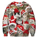 IYOWEL Unisex Crew Neck 3D Digital Printed Ugly Christmas Pullover Sweatshirts(L,3D Xmas-red Cap Cat)