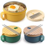 3 Pack Microwave Ramen Bowl Set, 40 oz Ramen Cooker with Handles Noodle Bowls with Lid and Chopsticks for Office College Dorm Room Cooking Dishwasher Safe (Green, Blue, Yellow)