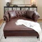 Vaztrlus 63" Oversized Chaise Lounge Chair, Double Chaise Lounges Sofa, Faux Leather Chesterfield Sofa Indoor with 2 Pillows and Rolled Arm Loveseat Chaise Lounge (Brown)