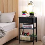 Black Night Stand with Charging Station, 3-Tier Modern Side Tables Living Room with Fabric Drawer and Storage Shelf, Industrial Sofa Bedside End Table for Small Spaces, Bedroom