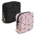 Playexen 4.5" Mini Makeup Bag for Women, 2 PCS Small Cosmetics Bag for Purse, Portable Makeup Pouch with Zipper for Girls (Black+Pink)