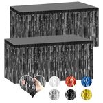 Bouiexye 2 Pack 29.5x108 Inch Black Foil Tinsel Fringe Table Skirts, Disposable Table Skirts for Rectangle Tables Curtains Backdrop Parade Wedding Floats Baby Shower Birthday Mardi Gras Party