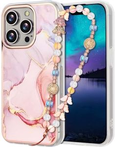 Marble for iPhone Case for Women Girls, Slim Fit Pink Cute Phone Case for iPhone with Pearl Phone Charm Lanyard Wrist Strap, Shockproof Hard Protective Case 6.1 Inch