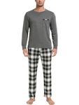 Vlazom Men's Pyjamas Sets Long-Sleeve Pj's Set Soft Loungwear Solid Top and Check Pant with Pockets D-Dark Grey,S