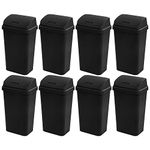 Sterilite 13 Gallon Plastic Swing Top Spave Saving Flat Side Lidded Wastebasket Trash Can for Kitchen, Garage, or Workspace, Black (8 Pack)