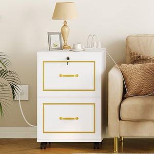 DWVO 2 Drawer File Cabinet with Charging Station, Filing Cabinets with Lock and Wheels, Lateral Filing Cabinet for Home Office, White and Gold