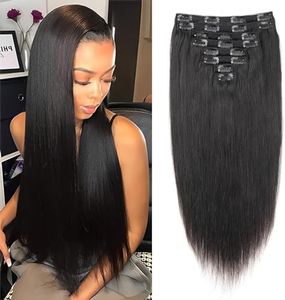 Straight Extensiones de Clip de Pelo Natural.8 piezas 120g.Extensiones de cabello humano invisibles Clip in.Negro natural Clip ins para mujeres negras.10 Inch.18 Clips.