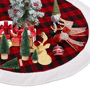 Fashionwu 48 Inch Red Black Buffalo Plaid Christmas Tree Skirt, Large Fur Christmas Tree Skirt Decorations with Reindeer Design for Christmas Tree Indoor Home Holiday Party Decoration