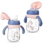 2 in 1 Baby Cup, 240ml Sippy Cup with Straw and a Spout, Non-Spill Weighted Straw Cup Toddler Drinks Water Bottles with Handles for Babies 6 Months + (Pink Unicorn)